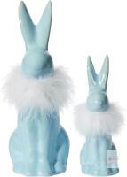 NEW IN BOX DECONATION 2PCS Easter Bunny Figurine Decoration, Blue Ceramic Rabbit Statues with White Fluff on Neck, Porcelain Bunnies