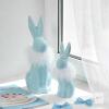 NEW IN BOX DECONATION 2PCS Easter Bunny Figurine Decoration, Blue Ceramic Rabbit Statues with White Fluff on Neck, Porcelain Bunnies - 2