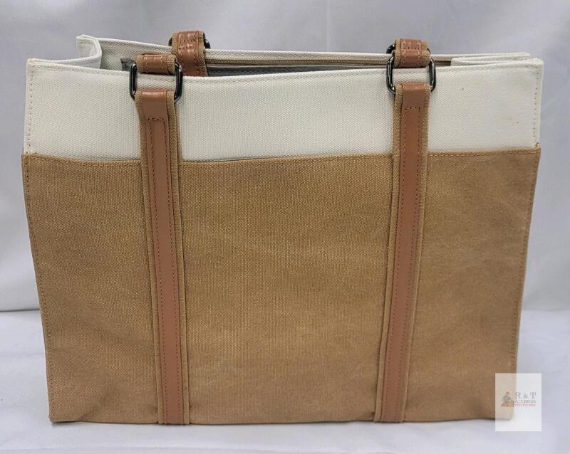 Large Beige Canvas Tote Bag with Leather Handles, Two Compartments, Center Zip Pocket, 15"x17x5"