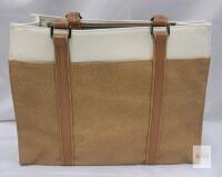 Large Beige Canvas Tote Bag with Leather Handles, Two Compartments, Center Zip Pocket, 15"x17x5"