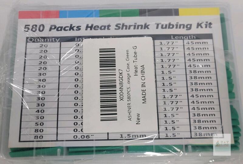 ASHINER 580PCS Green Heat Shrink Tubing Kit, Polyolefin, Assorted Sizes, Organizer Case, 2:1 Ratio