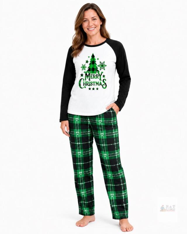 New Size LG Women's Christmas Pajamas Green Plaid with Black Collar