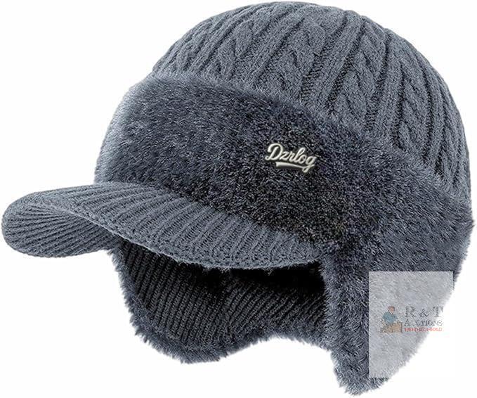 New Blocking Knitted Hats with Ear Flaps and Wool Brim, Fur-Lined Warm Stylish Baseball Beanie for Men Gray