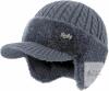 New Blocking Knitted Hats with Ear Flaps and Wool Brim, Fur-Lined Warm Stylish Baseball Beanie for Men Gray