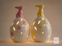 New in Box: Adorable NEW 2-Pc Battery-Operated LED Ceramic Decorations with Bunny Toppers &ndash; Pink & Yellow
