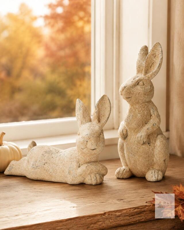 New in box: Pair of Rustic Beige Rabbit Figurines &ndash; Sitting & Reclining Home D&eacute;cor