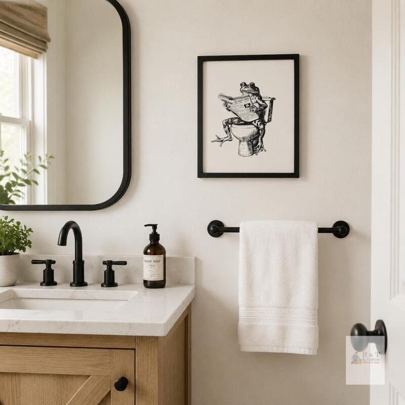 New Framed Black & White Frog Bathroom Wall Art, 9&frac14;&Prime; &times; 11&frac14;&Prime;