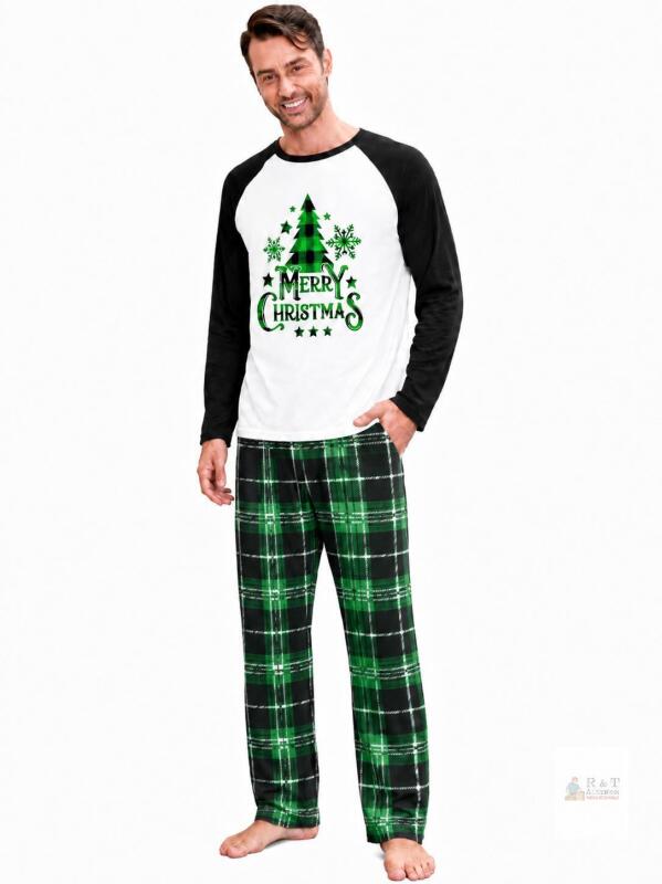 New Size L Men's Christmas Pajamas Green Plaid with Black Collar