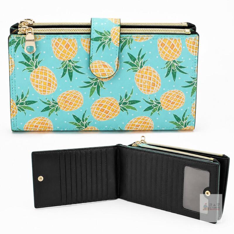 New Feith & Felly Women's Card Case Wallet with Tons of Room For Cards + 2 Zippered Sections For Coins or Cash-Pineapple Design