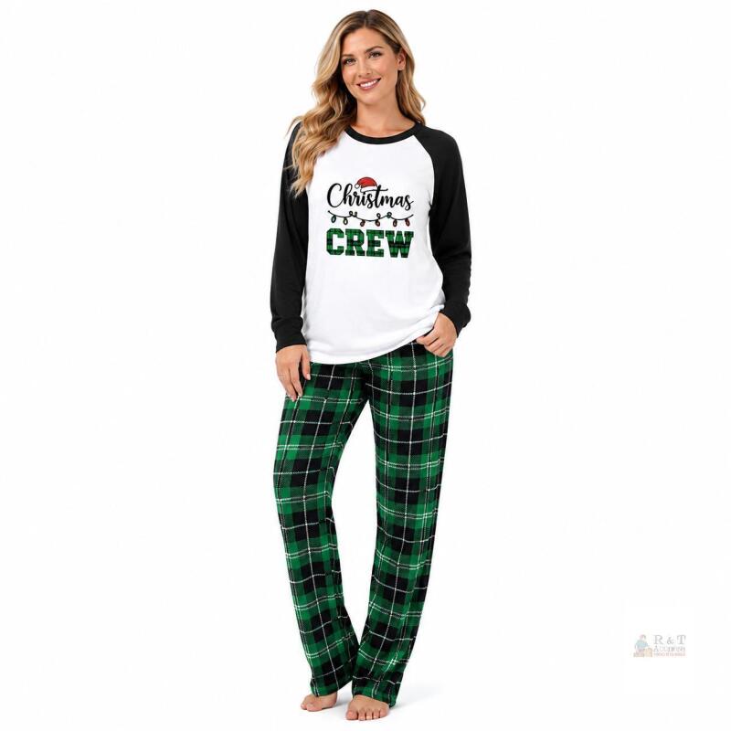 New Size SM Women's Christmas Pajamas Green Plaid with Black Collar