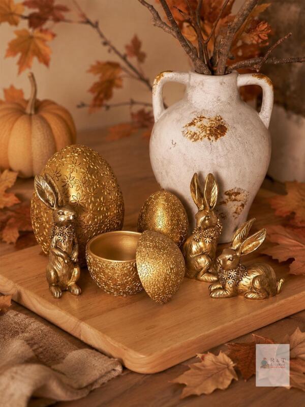 New in Box 6-Pc Gold Floral Egg Containers & Rabbit Figurine D&eacute;cor Set