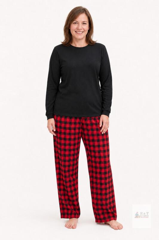 New Size XL Women&rsquo;s 2-Piece Plaid Pajama Set, &ndash;All Black Top & Red plaid bottoms