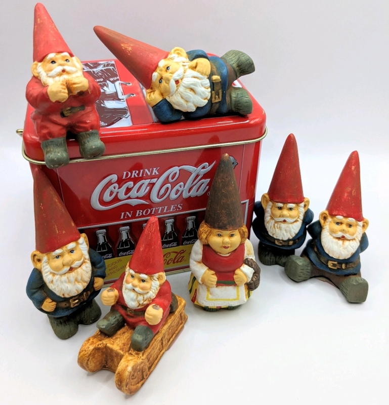 Vintage Coca-Cola Tin & Gnome Figures.