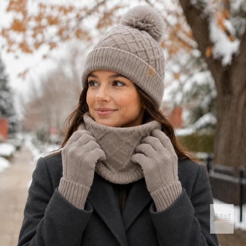 NEW Women&rsquo;s 3-Piece Taupe Brown Knit Winter Set &ndash; Pom-Pom Hat, Scarf & Gloves