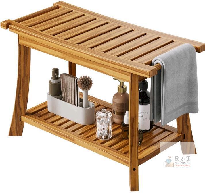NEW Bamboo Shower Bench with Shelf & Towel Rack, 23.6"x14"x17.9", 300 lb Weight Capacity, Indoor/Outdoor