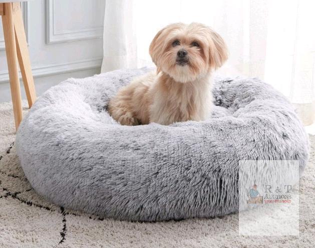 NEW Plush Calming Donut Pet Bed, Light Grey, 23" x 7", Faux Fur, For Small Dogs & Cats, X0033IQXB7