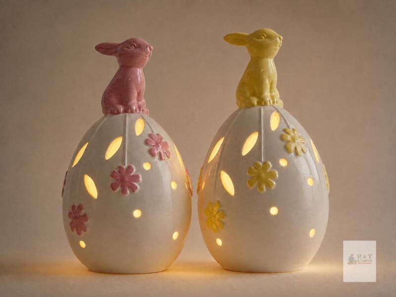 New in Box: Adorable NEW 2-Pc Battery-Operated LED Ceramic Decorations with Bunny Toppers &ndash; Pink & Yellow