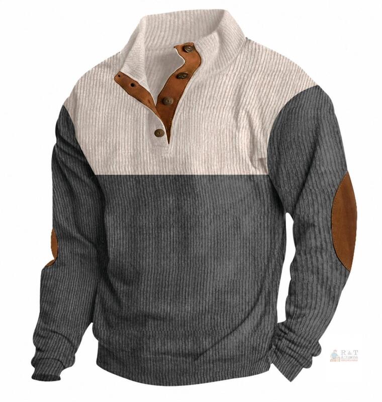New - VOGstart Mens XL Corduroy Fleece-Lined Sweatshirts Winter Heavyweight Casual Fashion Button Pullover (Grey, brown)