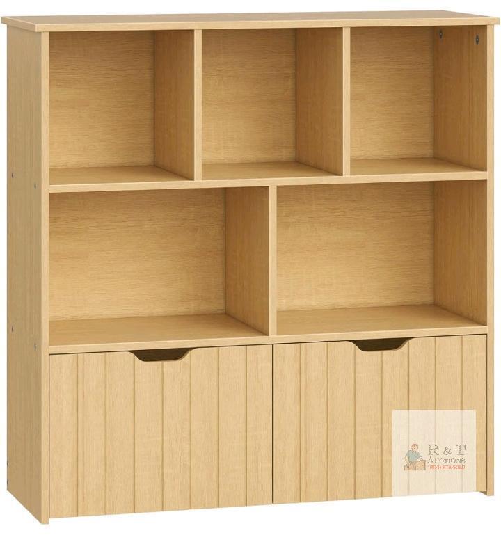 NEW Hoobro NL88CW01 Toy Storage Cabinet, 32" Tall, 6 Cubbies, 2 Rolling Bins, Light Oak