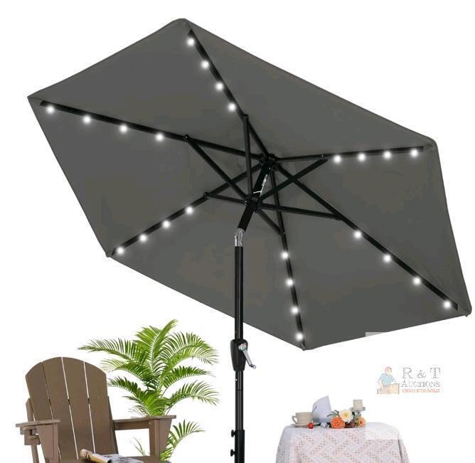 new MasterCanopy UB25 7.5 ft Solar Patio Umbrella with LED Lights, Grey, Crank & Tilt Mechanism