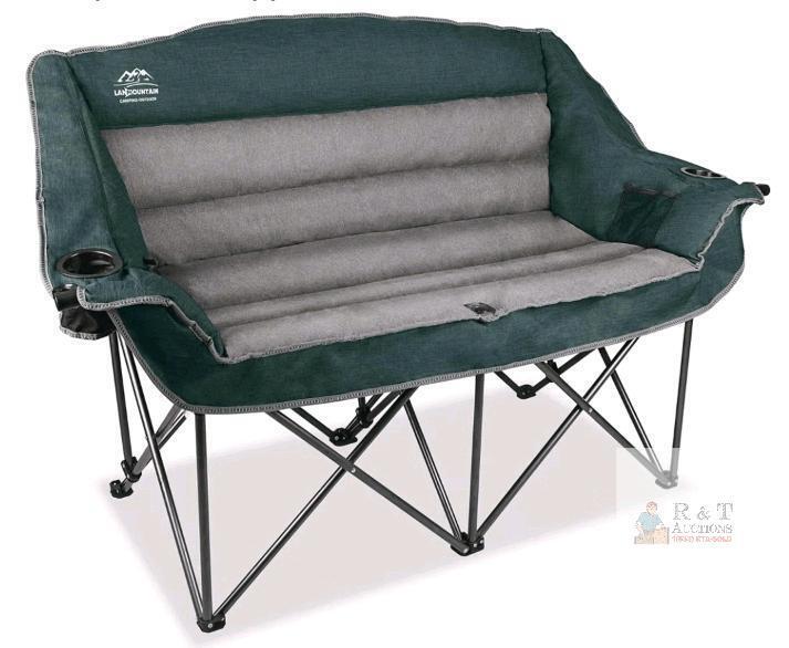 NEW LANMOUNTAIN Padded Double Folding Camp Chair, 2-Seater, Wine Glass & Cup Holders, Steel Frame