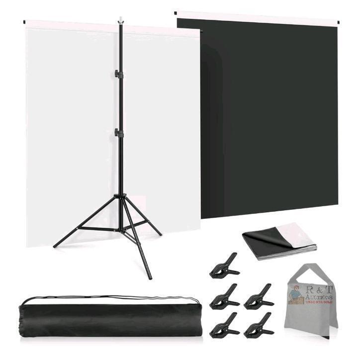 NEW Photography Backdrop Stand Kit, 5x6.5ft, Black & White Backdrops, Adjustable 6.5ft Stand, Clamps, Bags