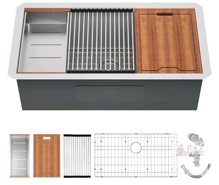 NEW 33"x19"x10" Undermount Workstation Kitchen Sink, 16 Gauge Stainless Steel, Single Bowl, Accessories