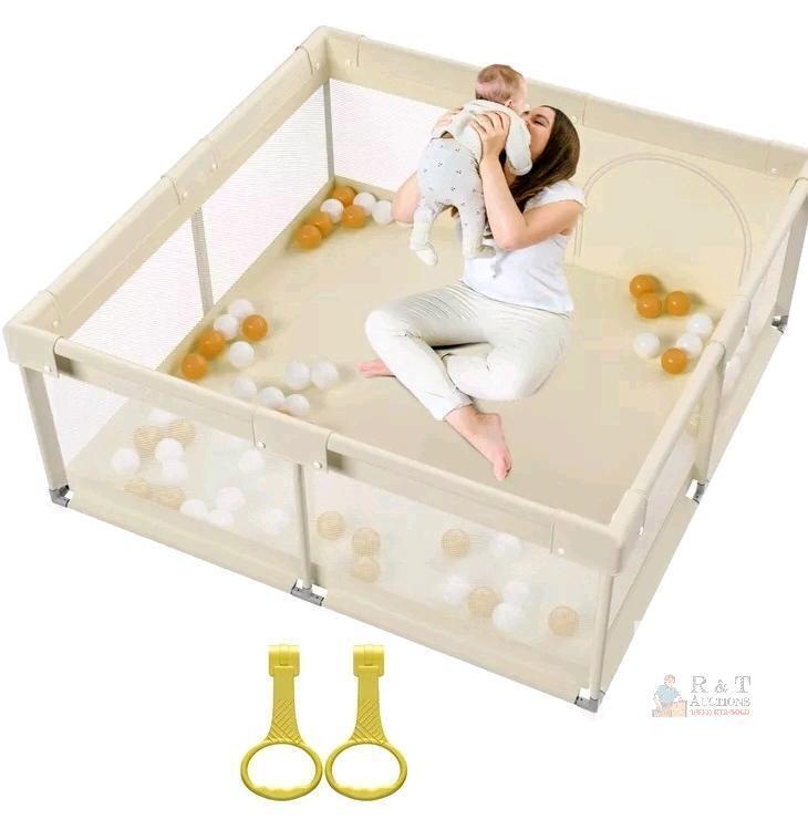 Large Beige Baby Playpen Mesh Sides with Play Mat and Door, 79"x59"x27", for Toddlers