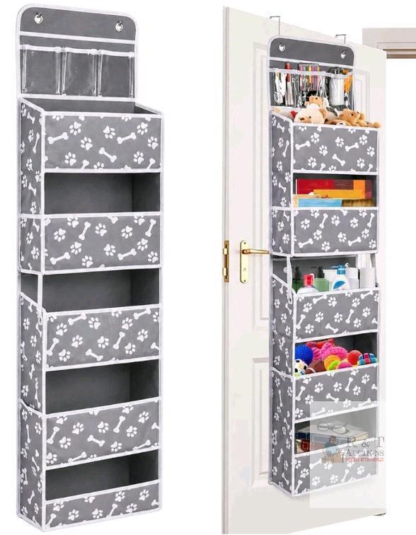 Brabtod 5-Shelf Over-Door Organizer for Pet Toys, Split Design, Bone Paw Print, 58.4"x14.9"