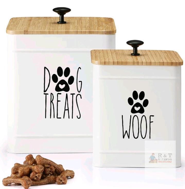 NEW Perfnqiue Dog Treat Container Set &ndash; White, Airtight, Galvanized Steel, Bamboo Lids
