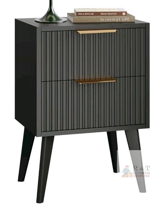 YAUKOMEL CTG55B Black Fluted Nightstand with 2 Drawers and Gold Handles