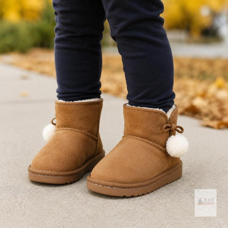 NEW Children&rsquo;s Winter Boots, Faux Suede, Shearling Lining, Pom Pom Decor, Size EU 26 (US Kids 9/9.5)