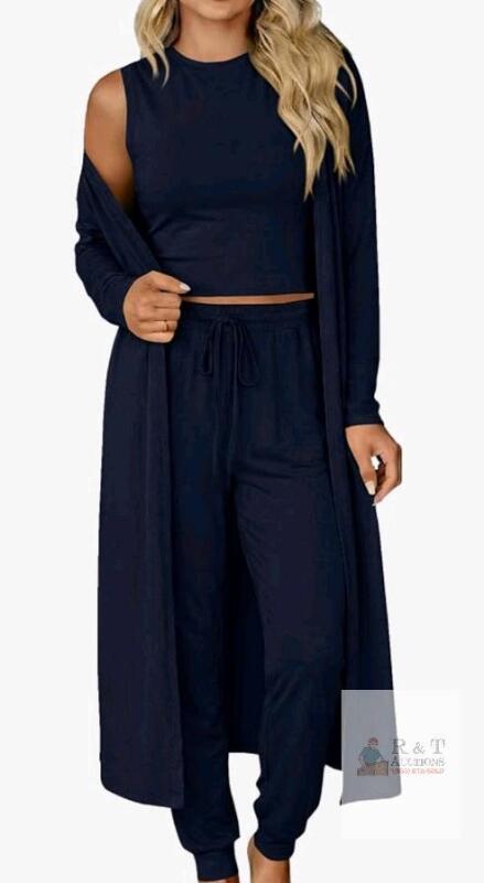 BTFBM Navy Blue 3-Piece Lounge Set, Size Large, Cardigan, Crop Top, Drawstring Pants, Relaxed Fit