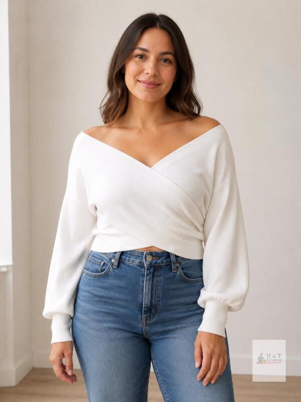 BTFBM Off-Shoulder Ribbed Knit Wrap Cropped Sweater, XL, White