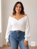 BTFBM Off-Shoulder Ribbed Knit Wrap Cropped Sweater, XL, White