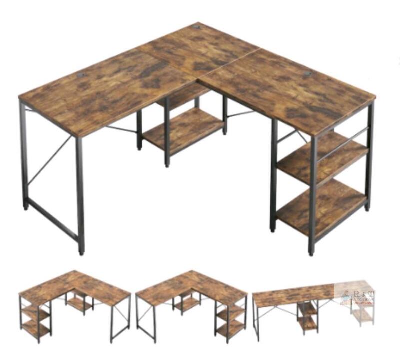 NEW Bestier L-Shaped Desk with Shelves, Rustic Brown, 59.4" x 59.4", Metal Frame, Cable Management