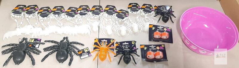 Assorted Halloween Decorations Lot: LED Tea Lights, Flashing Spiders, Glow Necklaces, Large Spiders
