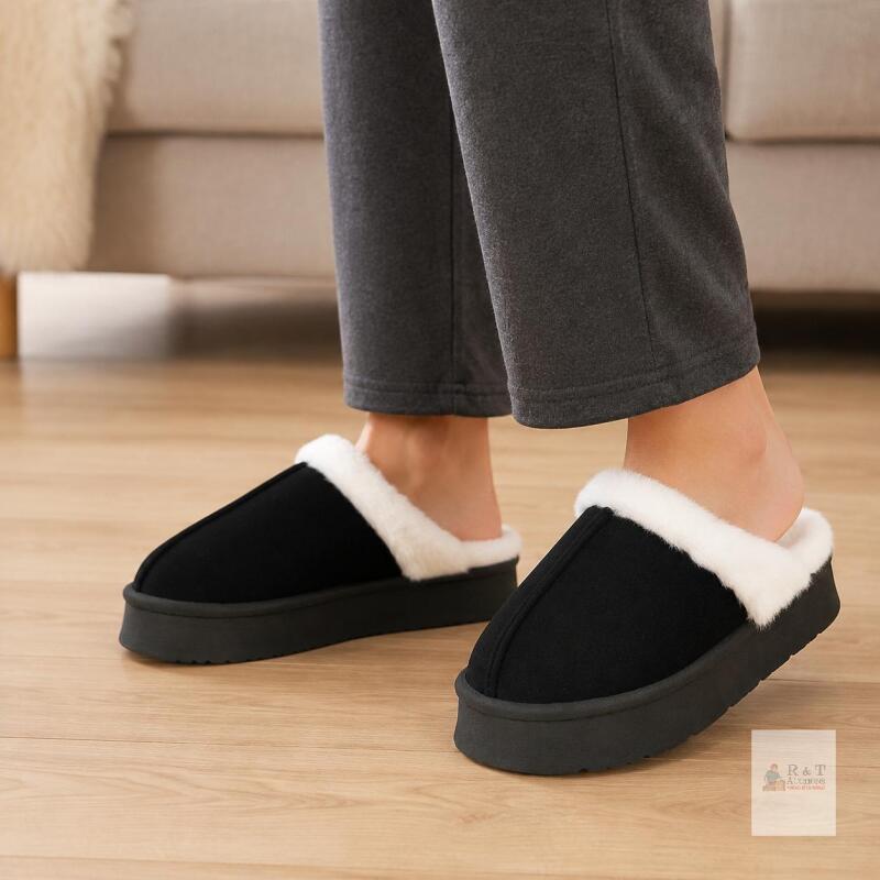 NEW Black and White Faux Fur Lined Slip-On Slippers, EU 40-41, Thick Anti-Slip Sole,