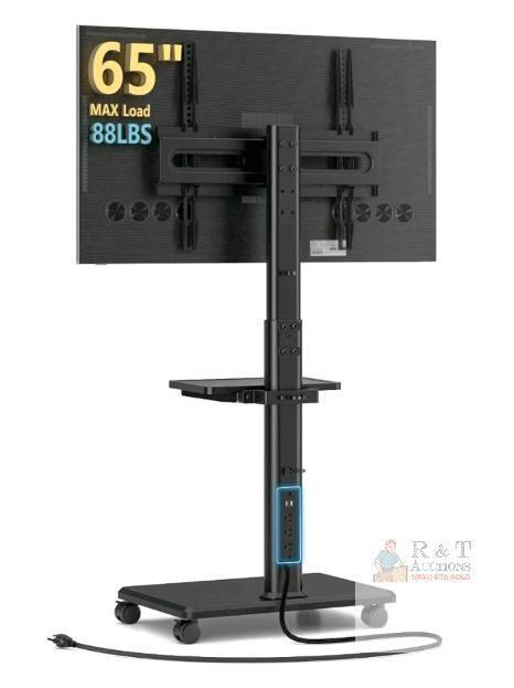 AX Waber AX2011TBM Mobile TV Stand, Fits 32&rdquo;-65&rdquo; TVs, 88 lbs Capacity, VESA, Power Strip, Shelf