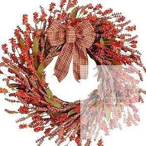 New TEMPUS Autumn Red Salvia Wreath 20&rdquo; Artificial Wreath Fall Leaves Grains Wreath for Front Door Hanging Wall Decoration Fall Harvest Thanksgiving Home Decor