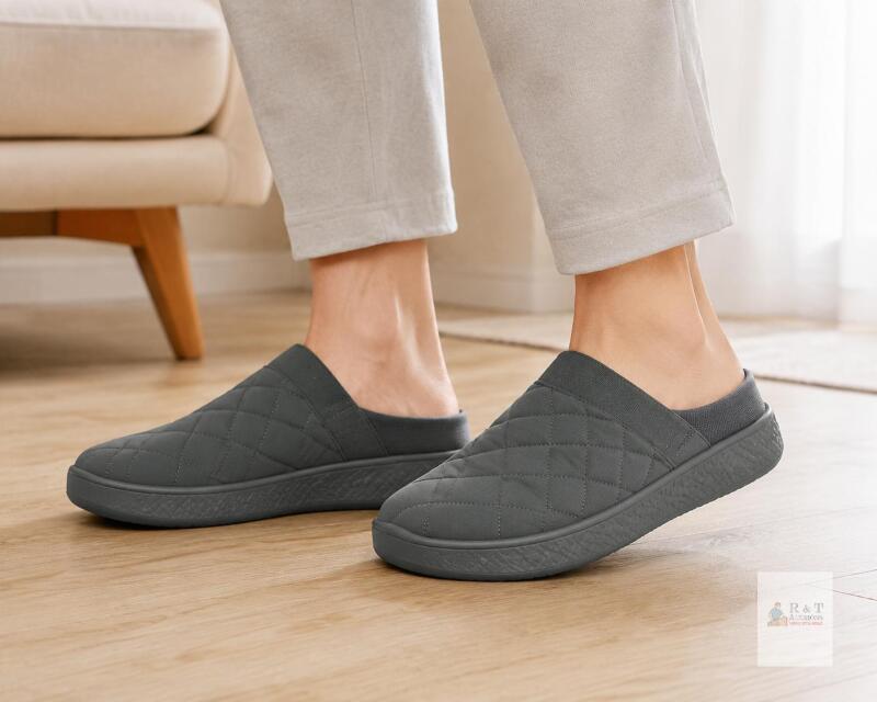 KUBUA Quilted Slip-On Slippers, Size EU 38 US 7.5-8, Dark Grey, Patterned Rubber Sole