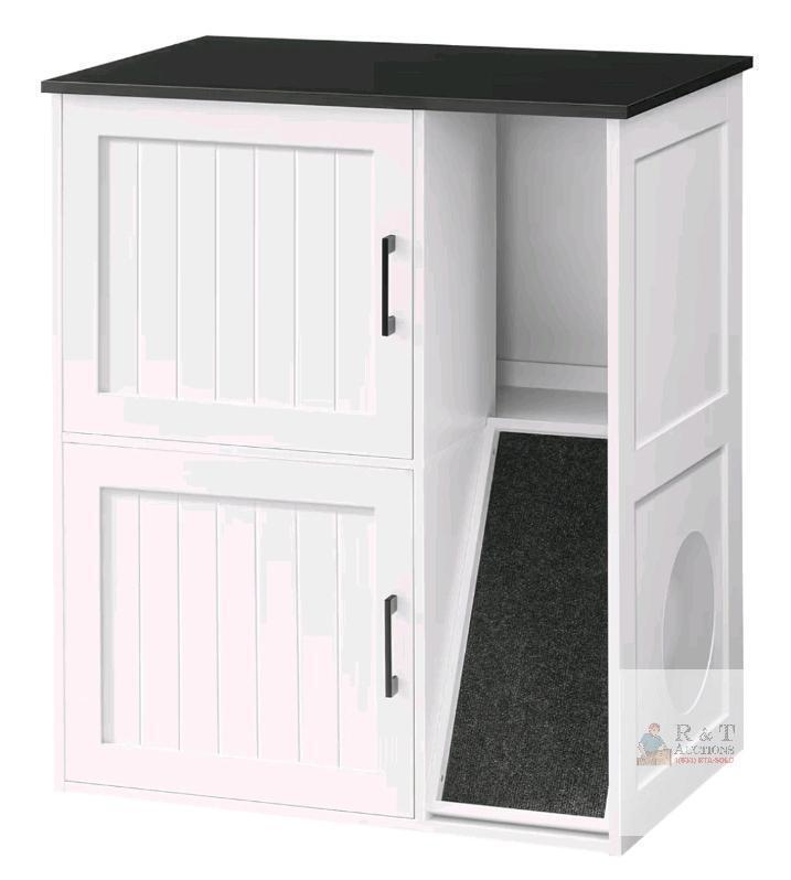 NEW MAHANCRIS CWBB3201 Cat Litter Enclosure, 31.5"x19.7"x35.4", Dual Doors, Carpet Ramp, White/Black