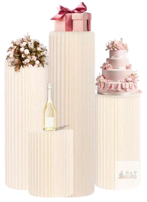 Set of 4 Collapsible Plinth Display Stands, 39/31/23/15 in Heights, 12 in Diameter, Ivory, Acrylic Tops