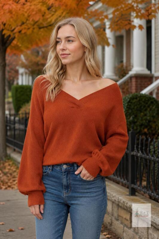 New Size SM Feiersi Women's V-Neck Long Sleeve Pullover Long Sleeve Off Shoulder Sweater Knit