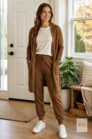 New Women's Camel/Brown Cardigan & Jogger Loungewear Set, Relaxed Fit, Ribbed Cuffs, Drawstring Waist (white shirt not incl)