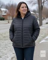 XXL Black Hooded Puffer Jacket, 100% Polyester, Model F566, Lightweight, New with Tag