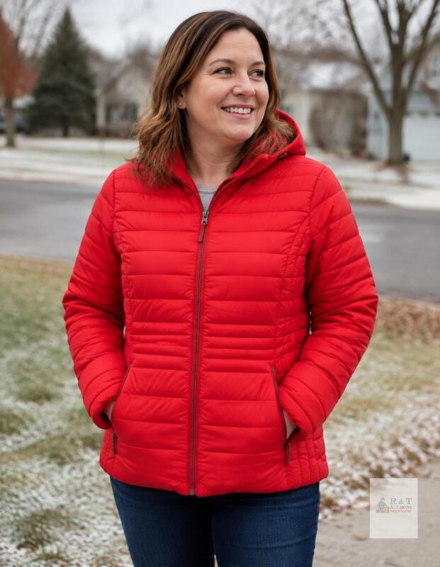 Xmgelp XL Red Hooded Puffer Jacket, Nylon Shell, Poly Fill, Windproof, Water Repellent