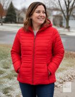 Xmgelp XL Red Hooded Puffer Jacket, Nylon Shell, Poly Fill, Windproof, Water Repellent