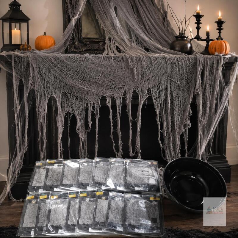 Halloween Creepy Cloth (60"x30" ea), Skeleton Candy Bowl Bundle, Black & White D&eacute;cor approx 6-8 in bowl