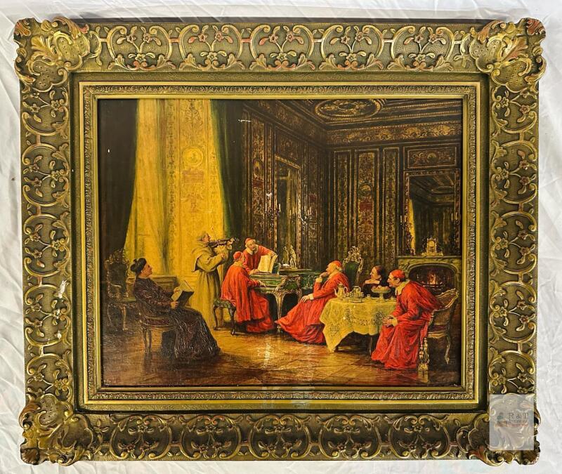 Ornate Framed Oil Painting &ldquo;Critical Audience&rdquo; (1942) - Cardinals in Opulent Interior, 22.5"x26.75"